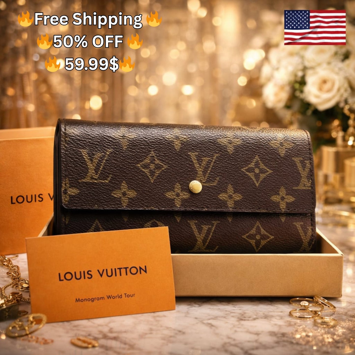 🔥 Limited Time Offer 🔥 50% OFF 🔥 Free Shipping 🔥 Premium Quality Louis Vuitton Sarah Monogram Long Wallet With New Sealed Box – Fast Shipping